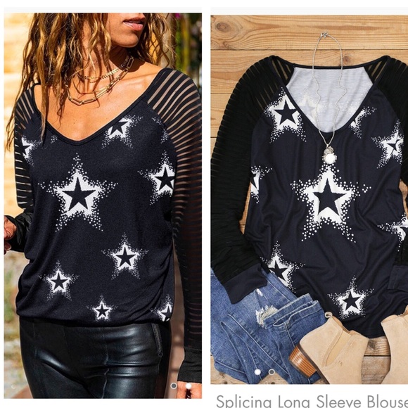 STAR PRINT RAGLAN SLEEVR  MIX MEDIA   TOP NWT - Picture 2 of 5